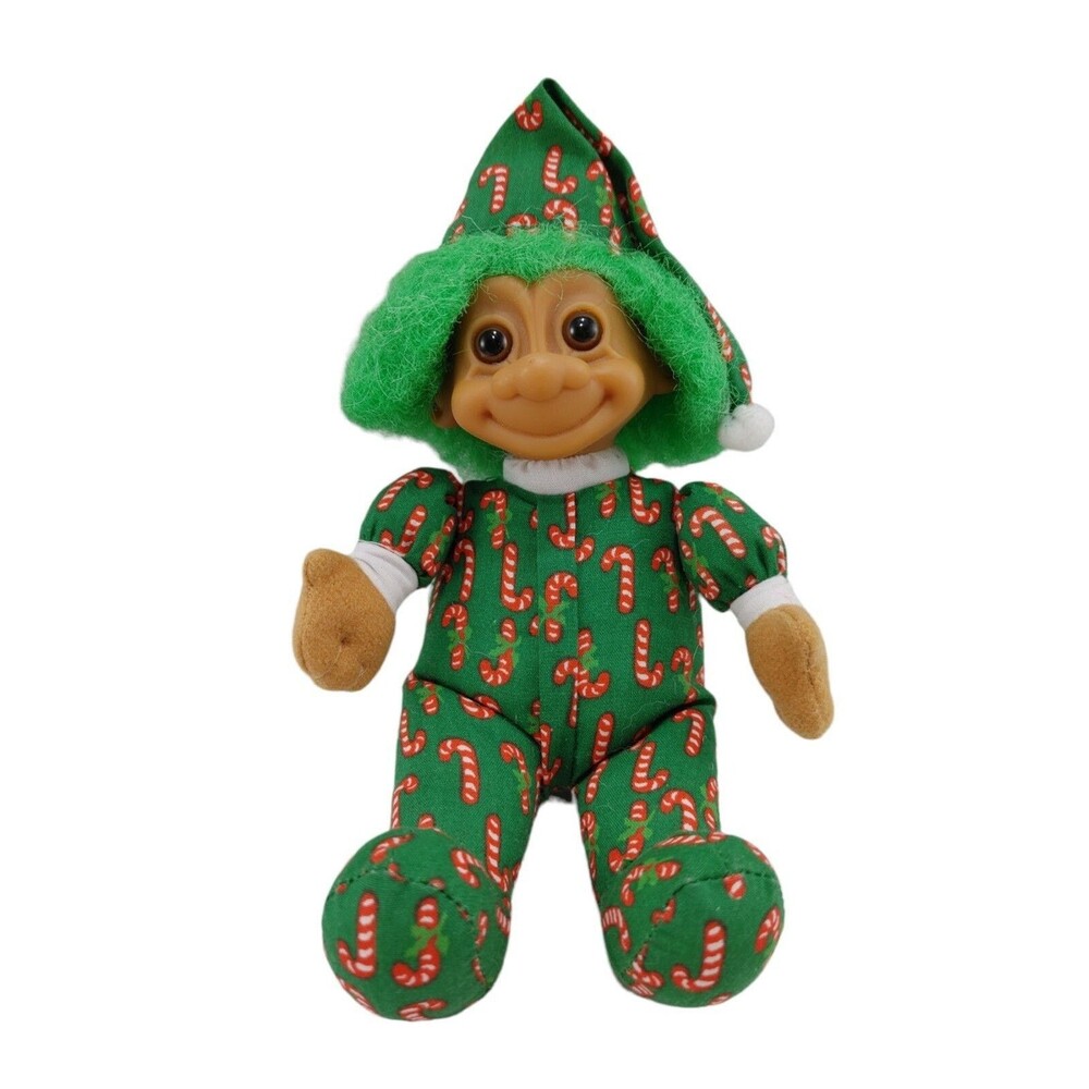 Vintage Russ Berrie Candy Cane Christmas Troll Green Hair Plush Doll 8 Inch